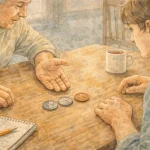 A grandfather discusses wartime coins with a grandson, showing real minted issues.
