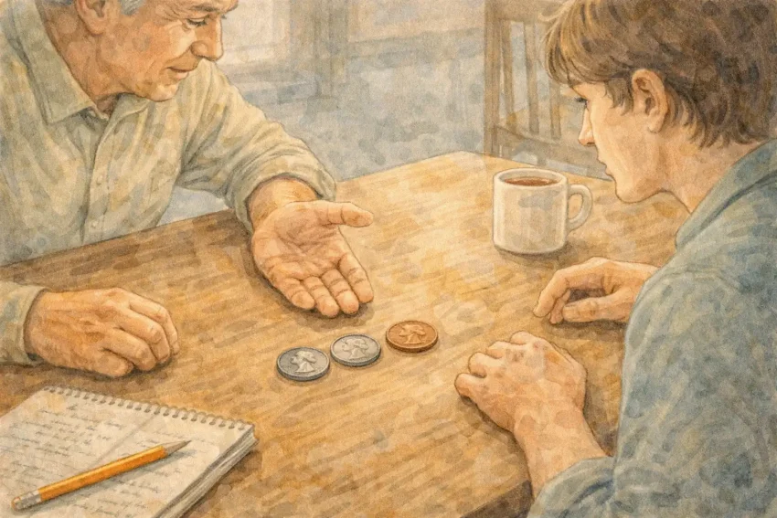 A grandfather discusses wartime coins with a grandson, showing real minted issues.
