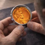 Collector examining a 1954-S Lincoln Wheat cent with a 10x magnifying glass to assess surface quality and strike detail.