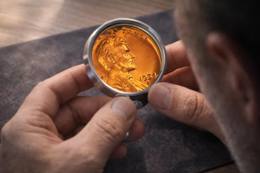 Collector examining a 1954-S Lincoln Wheat cent with a 10x magnifying glass to assess surface quality and strike detail.
