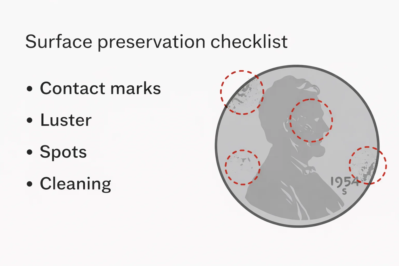 Surface preservation checklist infographic highlighting contact marks, luster, spots, and cleaning risk areas.